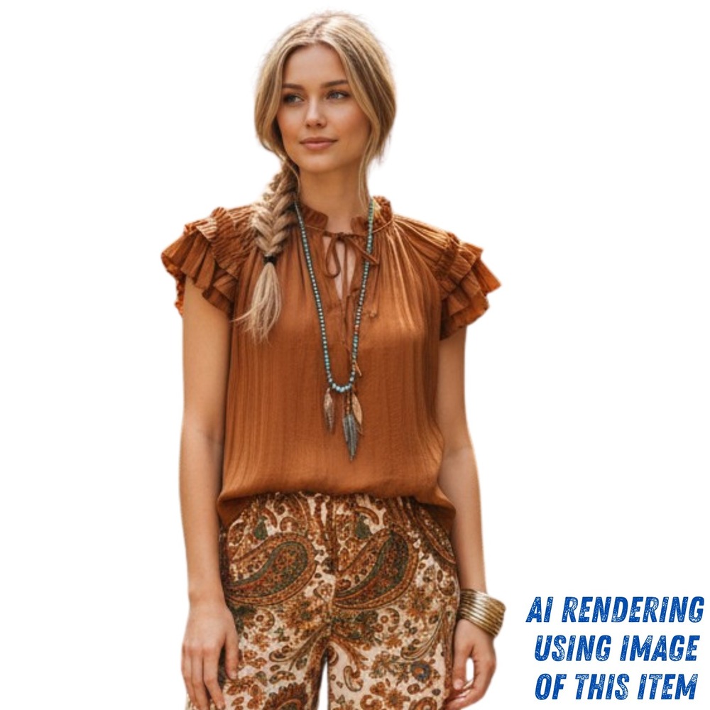 Catherine Malandrino‎ Pleated Ruffle Flutter Sleeve Blouse XS Rust Romantic Boho